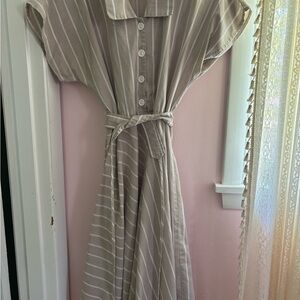 Vintage Tabby Striped Beige Button-Up Dress 10-12